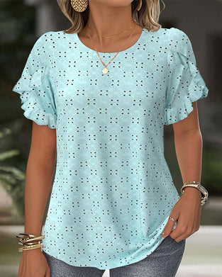 Ruffled Short Sleeve Hollow T-Shirt