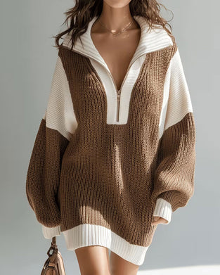 Lapel Zipper Contrast Sweater Dress