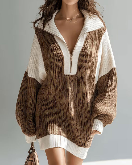 Lapel Zipper Contrast Sweater Dress