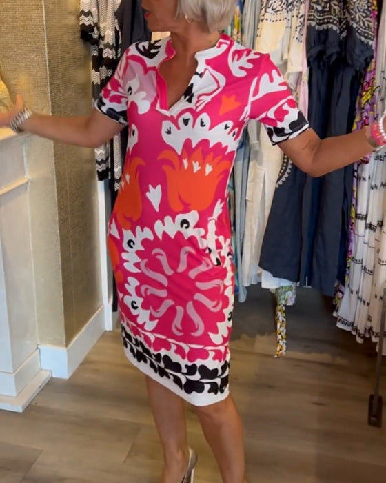 Short-sleeve printed v-neck dress