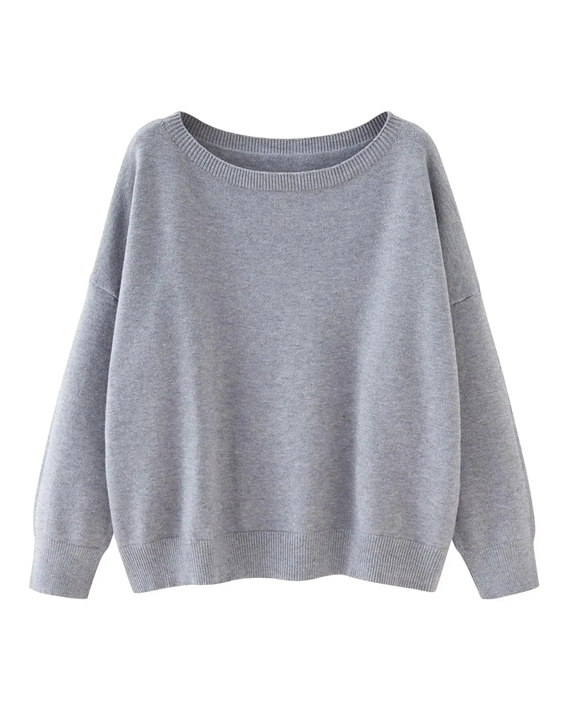 Crew-Neck Drop-Shoulder Solid Loose Pullover