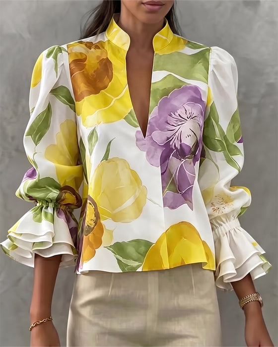 Watercolor Large Floral Long-Sleeve Stand-Collar Blouse