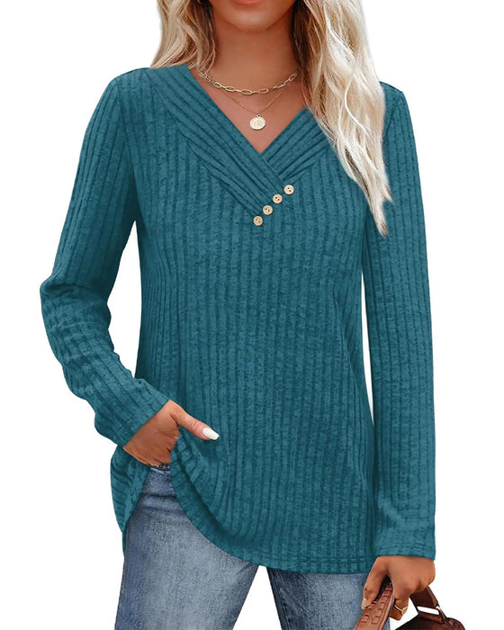 V-Neck Long Sleeve Button Top