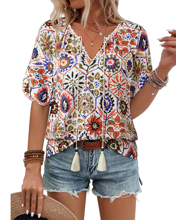 Bohemian Print Tassel Blouse