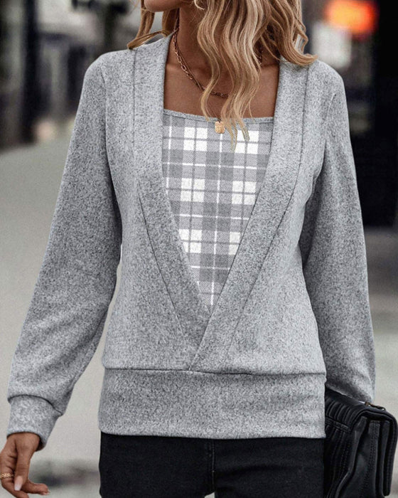 Patchwork plaid print long-sleeve top