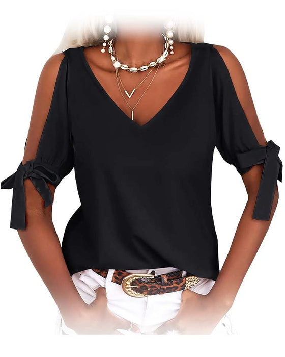 V-Neck Cold Shoulder Bowknot Solid Color Blouse