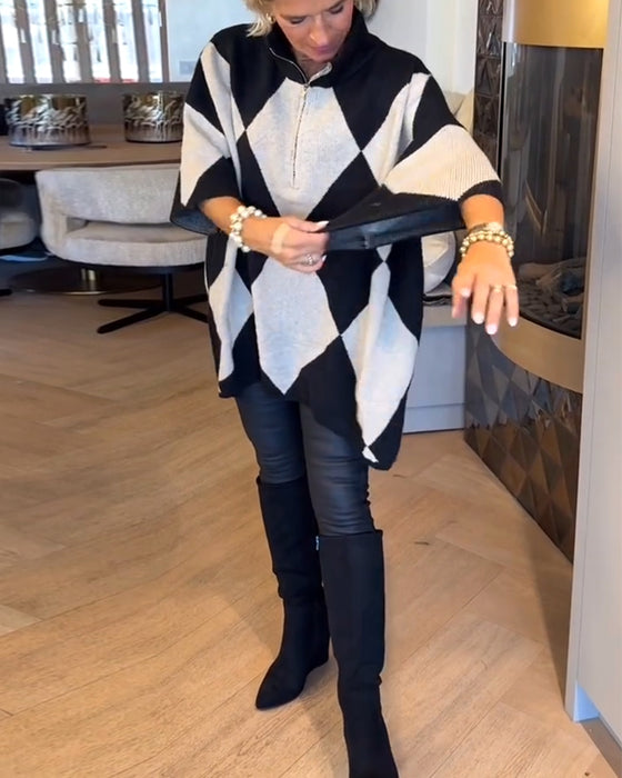 Stand-Up Collar Argyle Irregular Pullover