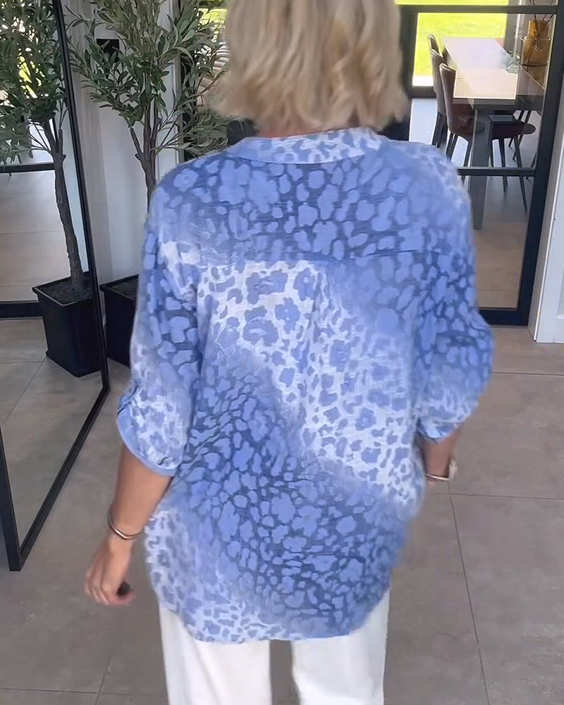 Ombre Leopard Pattern Henley Neck Blouse