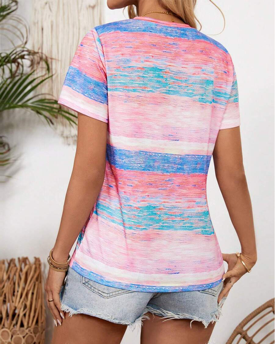 V-Neck Colorful Striped Versatile T-Shirt