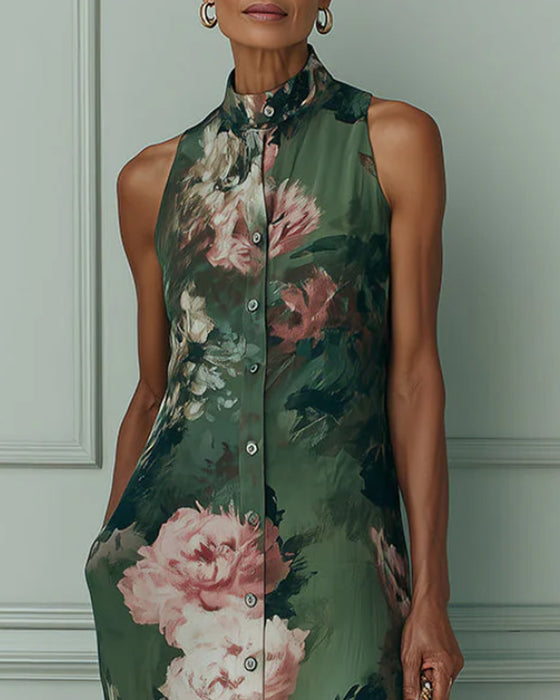 Sleeveless Floral Stand Collar Shirt Dress