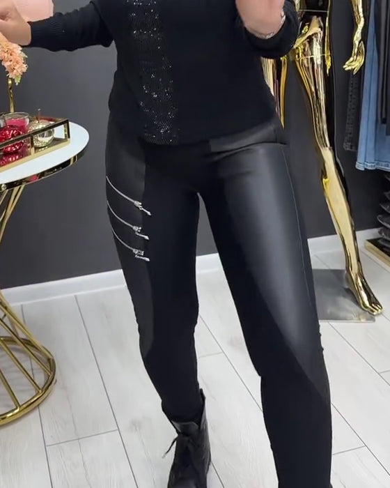 PU Patchwork Zipper Embellished Legging