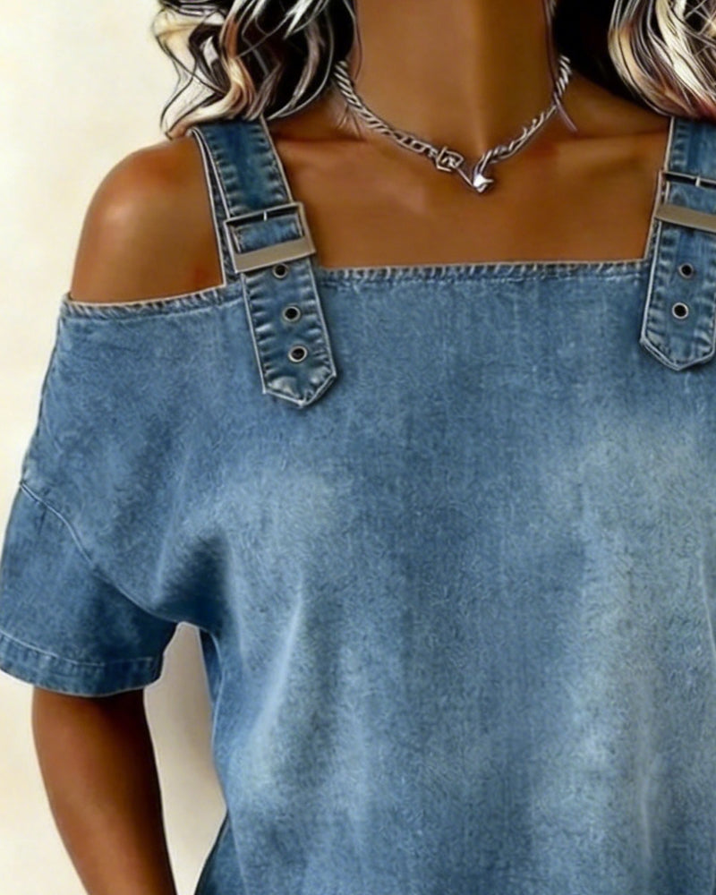 Off-The-Shoulder Buttoned Denim Dress
