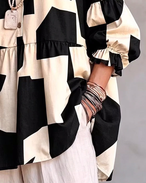 Geometric Pattern Loose Button Top