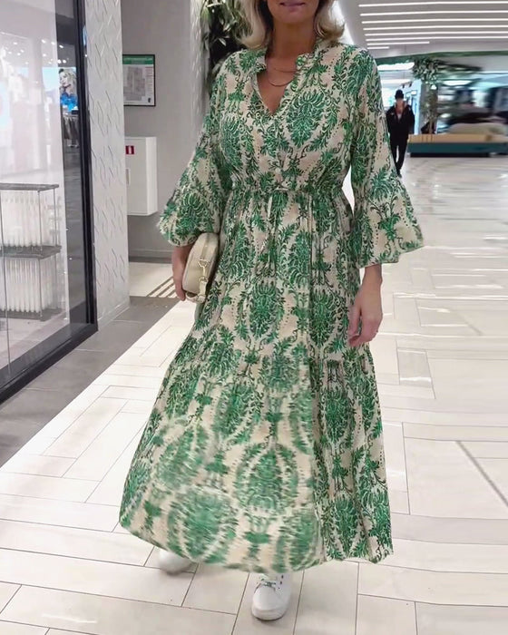 Printed bell sleeve drawstring dress