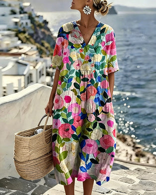Watercolor Floral V-Neck Dress
