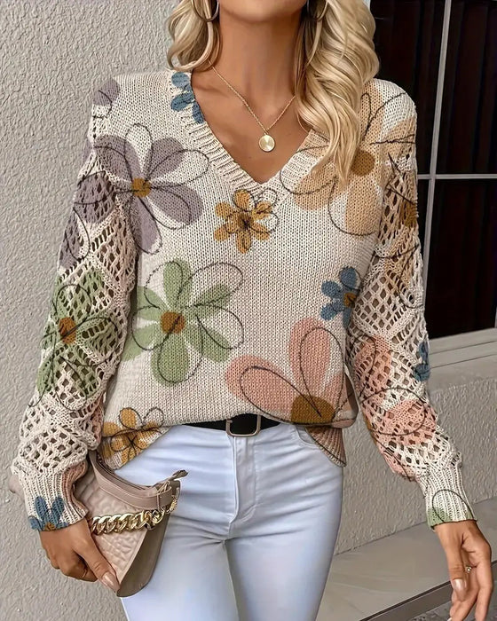 V-Neck Openwork Knit Sweater
