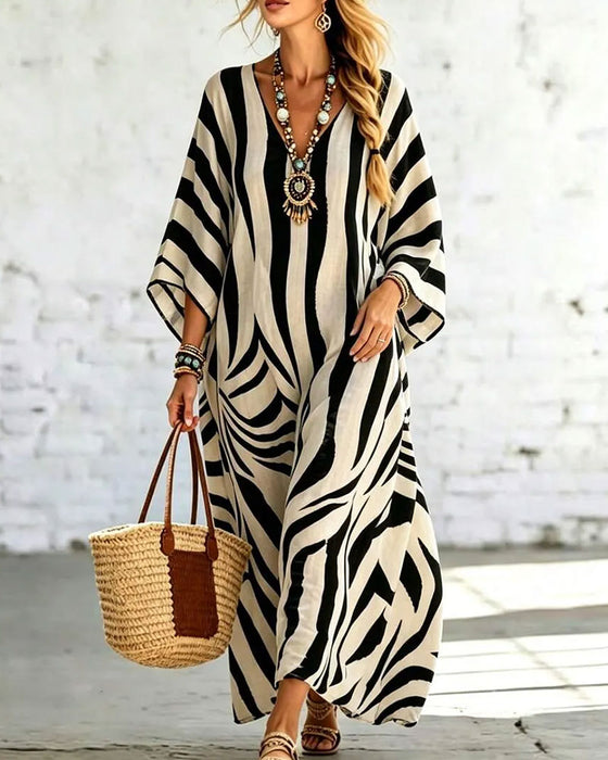 V-Neck Zebra Loose Vacation Dress