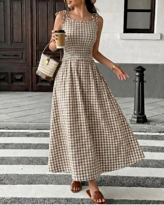 Lace-Up Plaid Suspender A-Line Dress