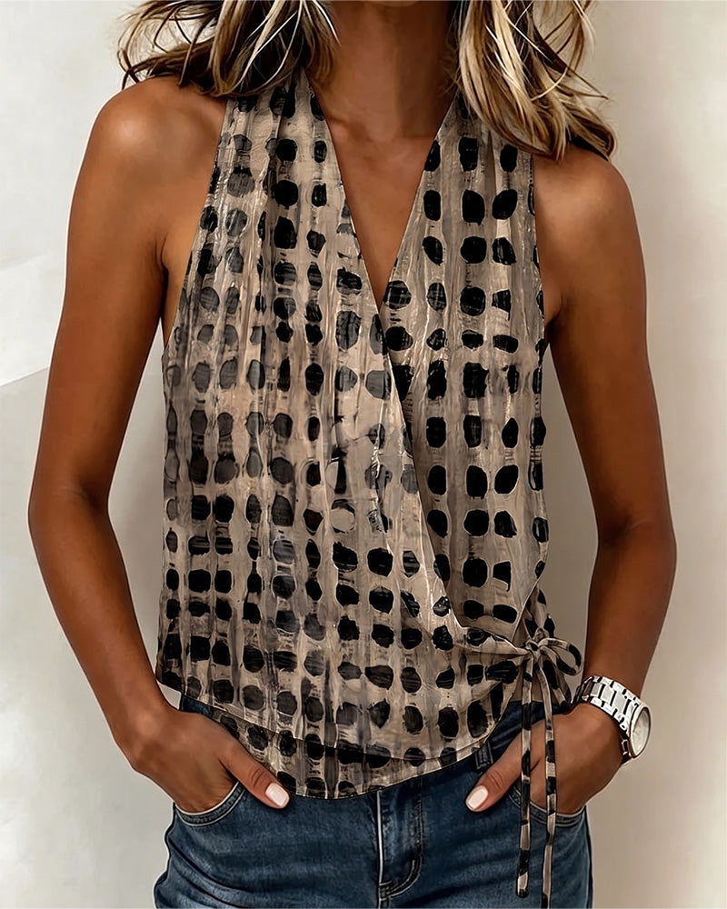 V-Neck Cross Halter Polka Dot Sleeveless Blouse