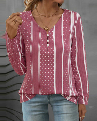 Button striped polka dot long sleeve top