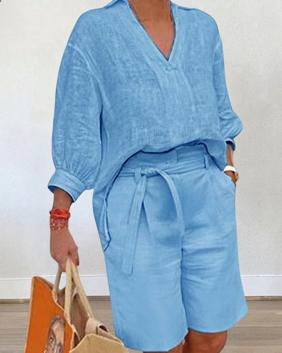 Solid Casual Shorts Set