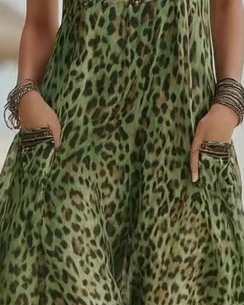 Leopard Print Half Zip Sleeveless Long Dress
