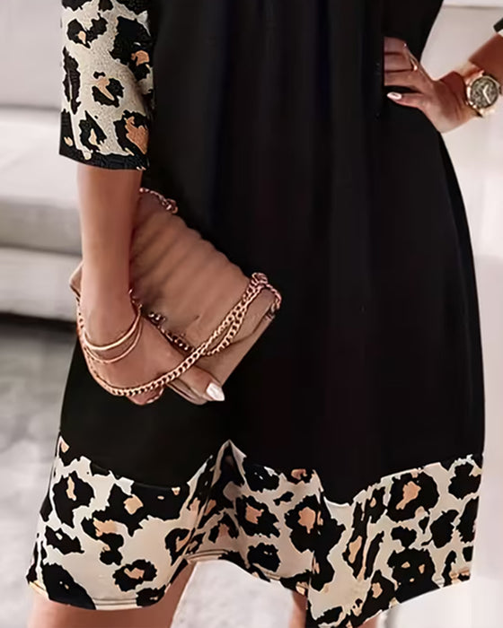 V-Neck Leopard Three-Quarter-Sleeve Dress