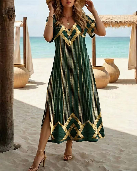 V-Neck Printed Holiday Maxi Dress