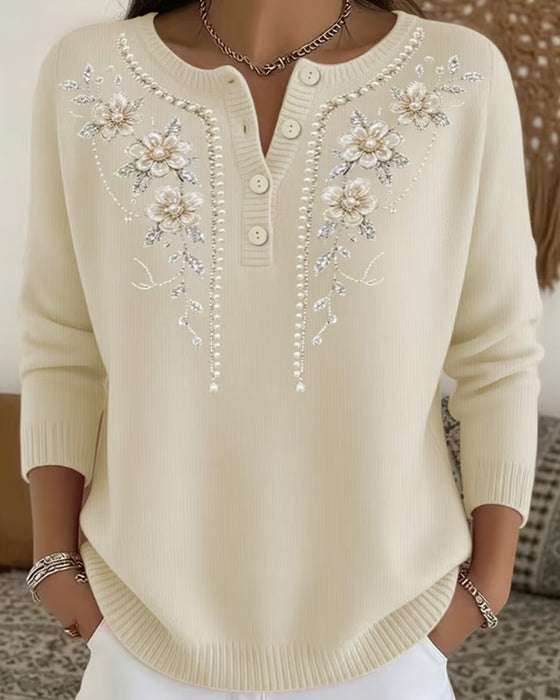 Crew Neck Button Down Floral Long Sleeve Sweatshirt