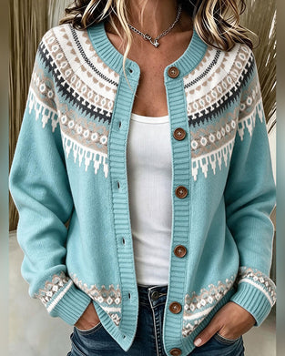 Printed Long-Sleeve Button-Front Cardigan