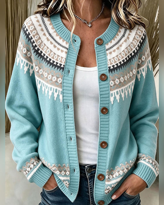 Printed Long-Sleeve Button-Front Cardigan