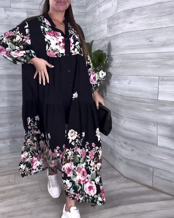 Floral Print Casual Lantern Sleeve Dress