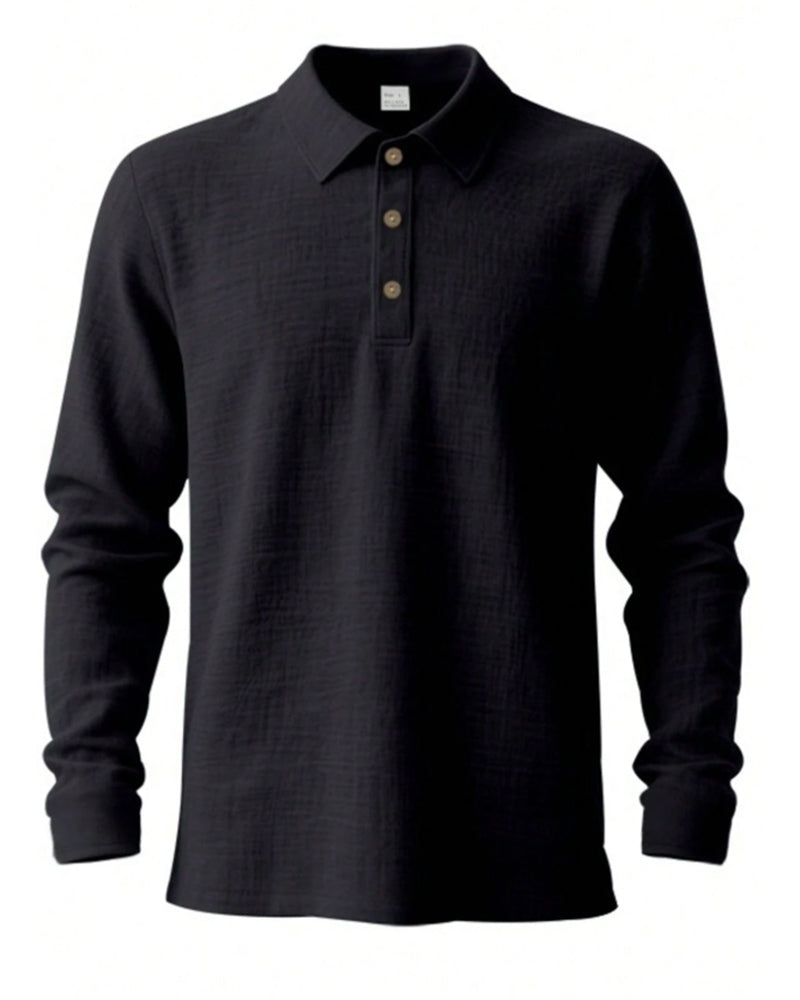 Men's Lightweight Loose Linen Long Sleeve Polo Shirt