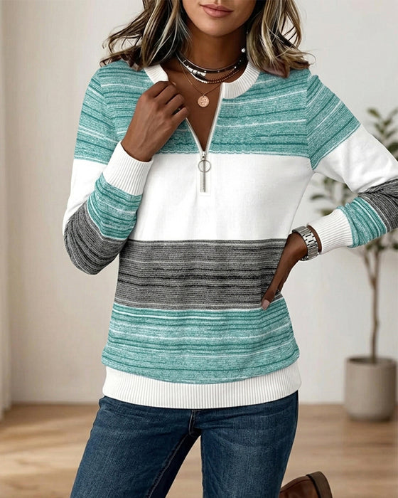 Round Neck Zipper Striped Contrast Sweatshirt