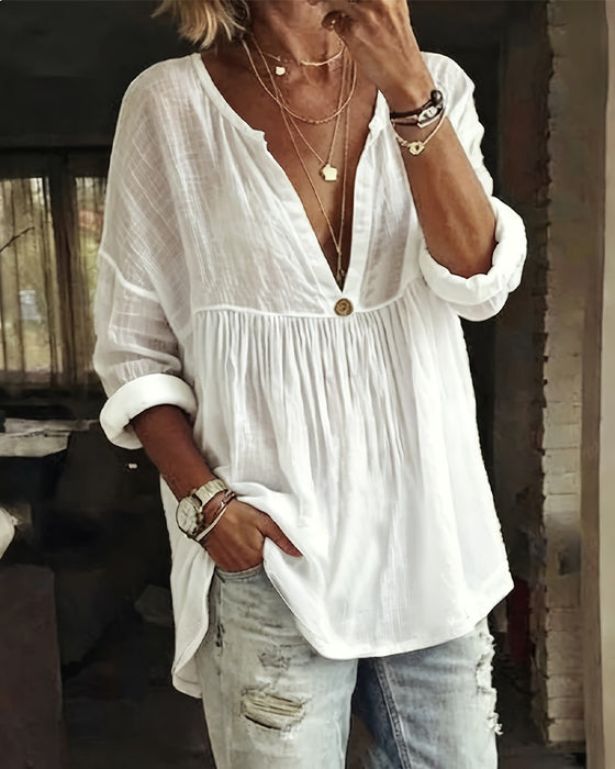 V-Neck Half Placket Long Sleeve Blouse