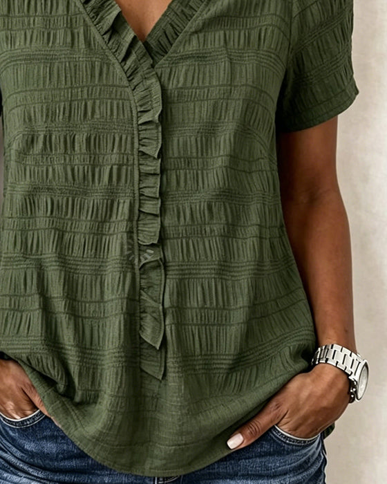 V-Neck Solid Color Blouse