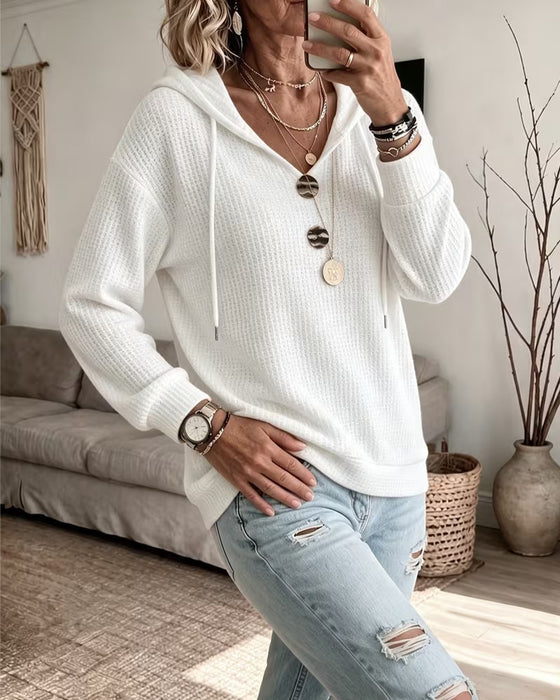 Drawstring V-Neck Ribbed Hoodie