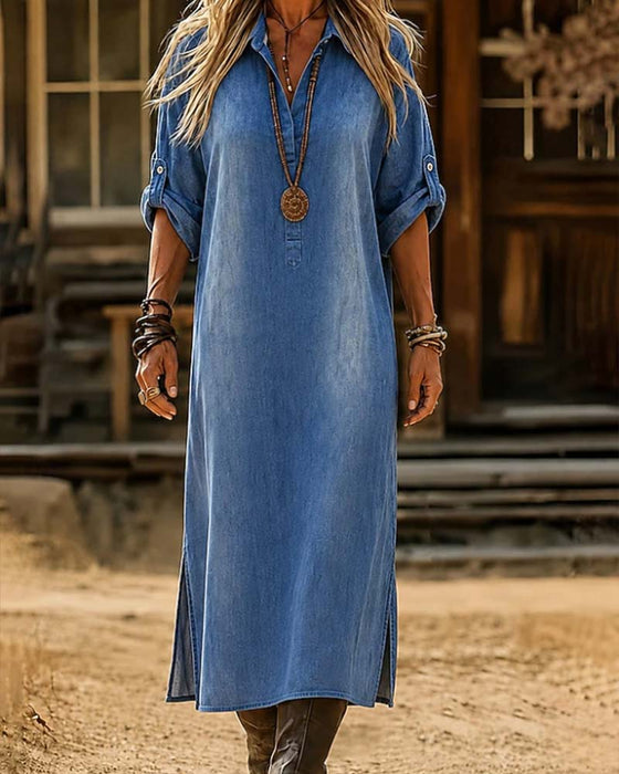 Shirt Collar Slit Casual Dress