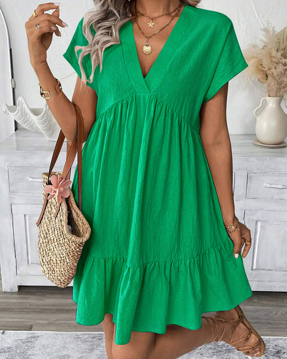 Solid V-Neck Ruffle-Trim Dress