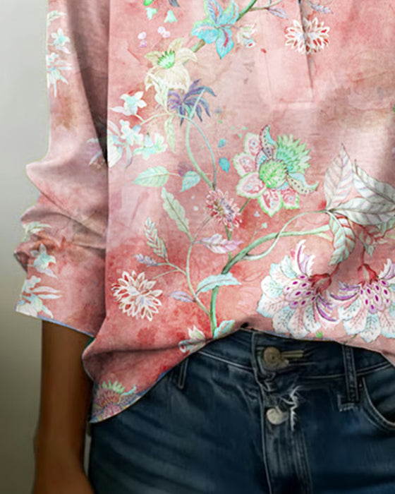 Stand-Up Collar Long-Sleeved Floral Blouse