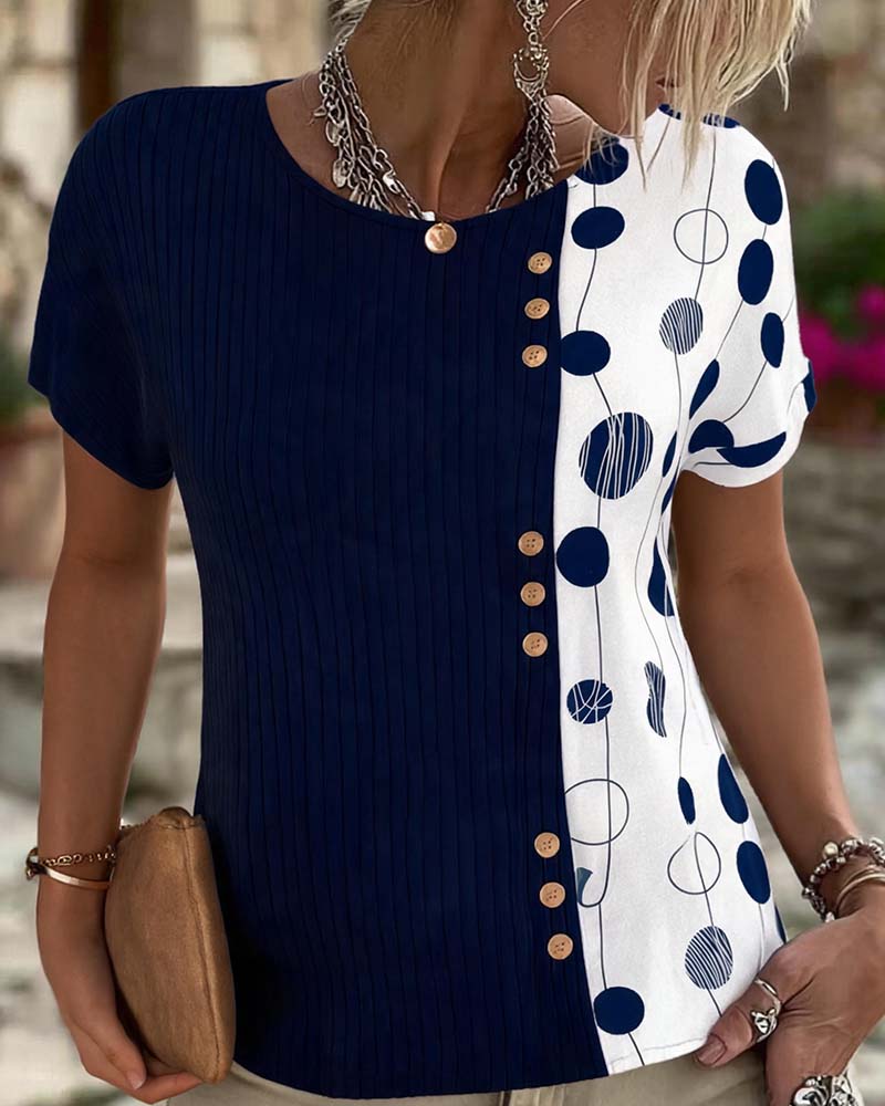 Ribbed Button Polka Dot T-Shirt