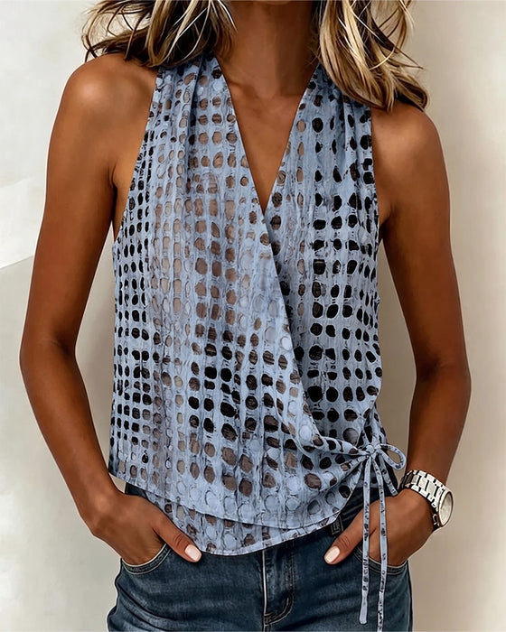 V-Neck Cross Halter Polka Dot Sleeveless Blouse