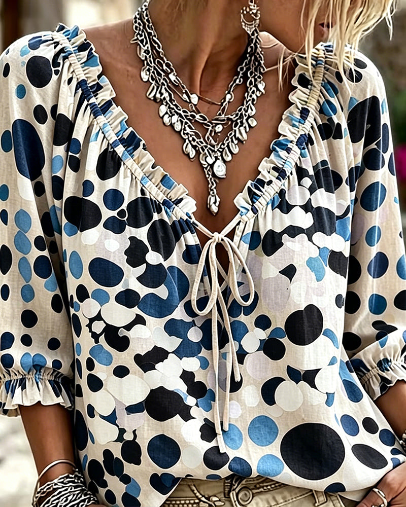 V-Neck Polka Dot Lace Up Blouse