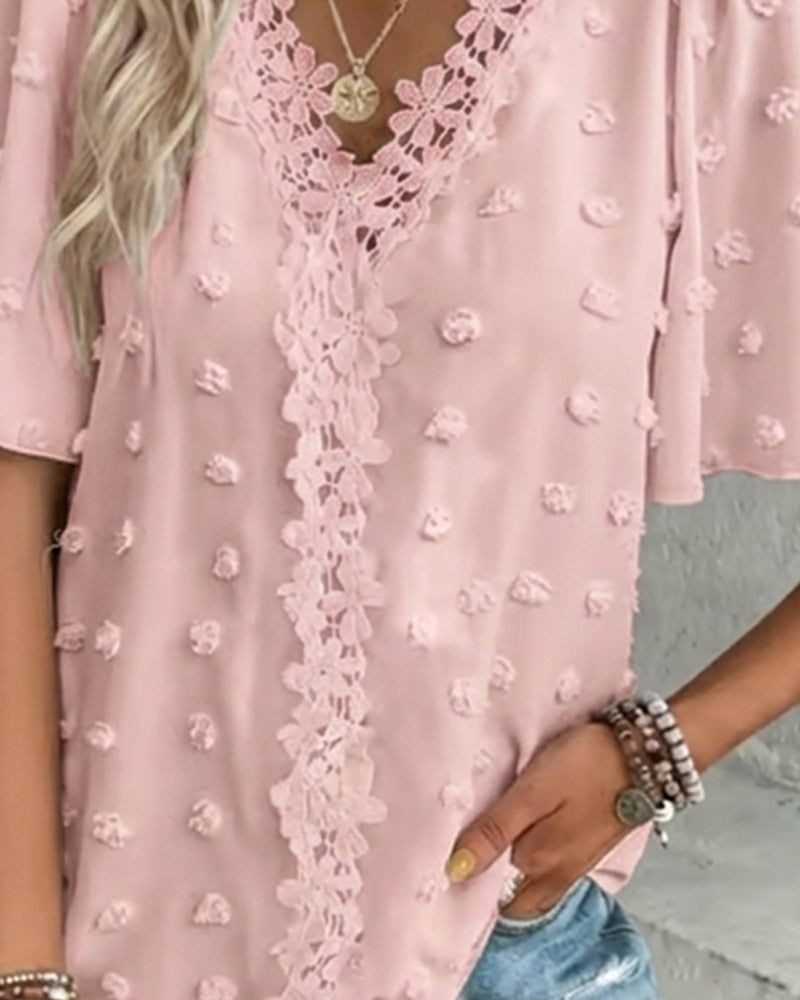 Spliced Jacquard Ruffle Sleeve Blouse