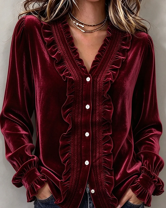 Velvet Ruffle-Trim V-Neck Long-Sleeve Blouse