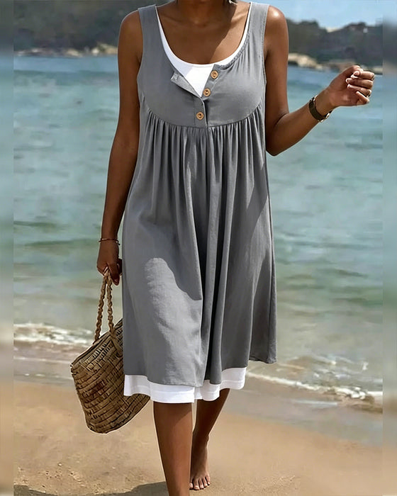 Sleeveless Color Block Mock Two-Piece A-Line Dress