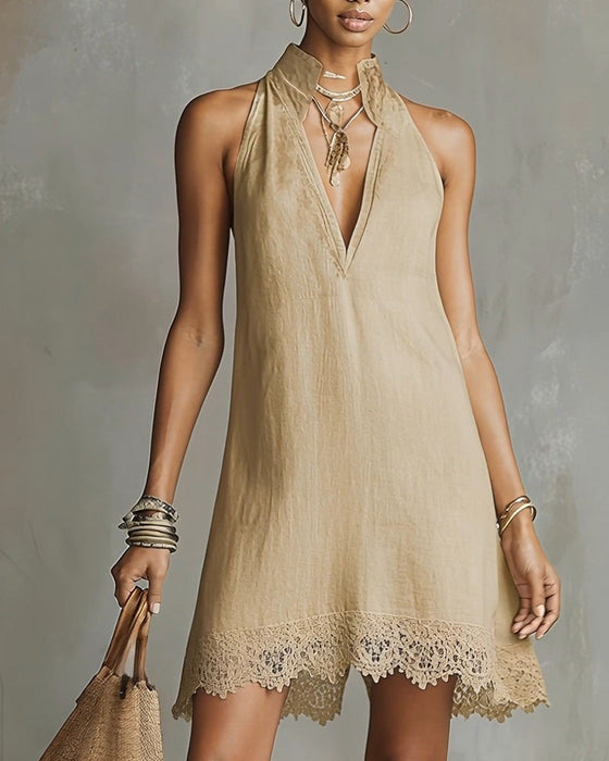V-Neck Lace Trim Short Dress