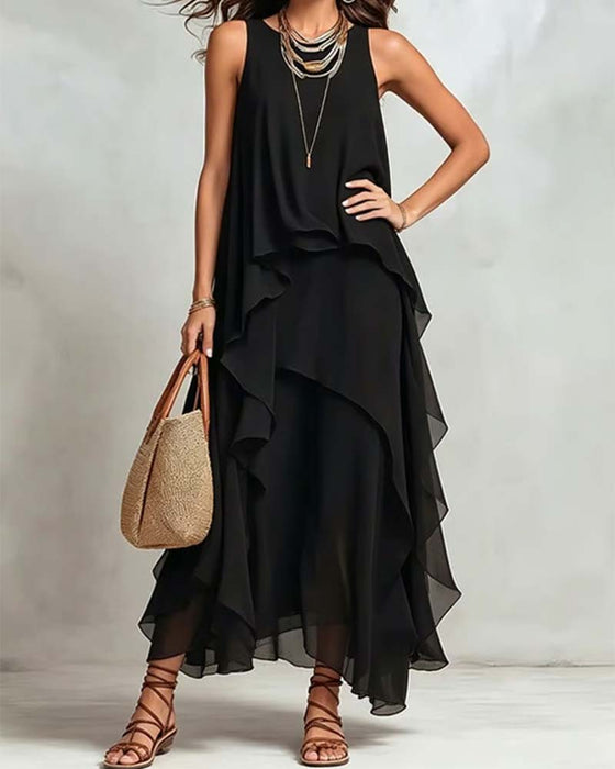 Crew Neck Sleeveless Chiffon Irregular Dress