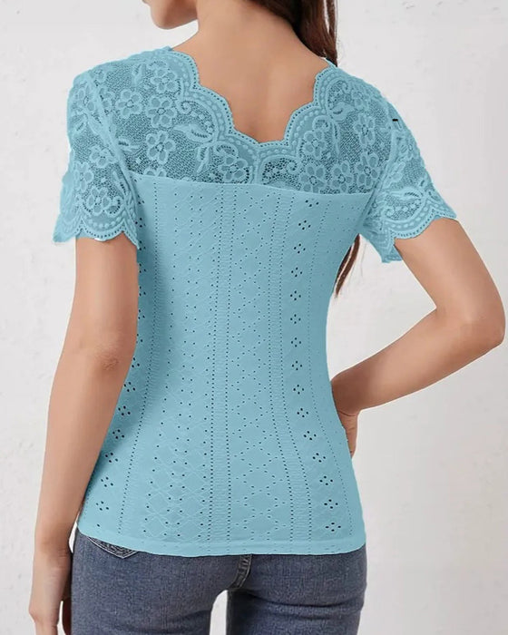 Plus Size Lace Patchwork Short Sleeve Blouse