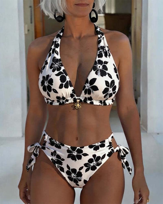 Hibiscus Print Halter Bikini
